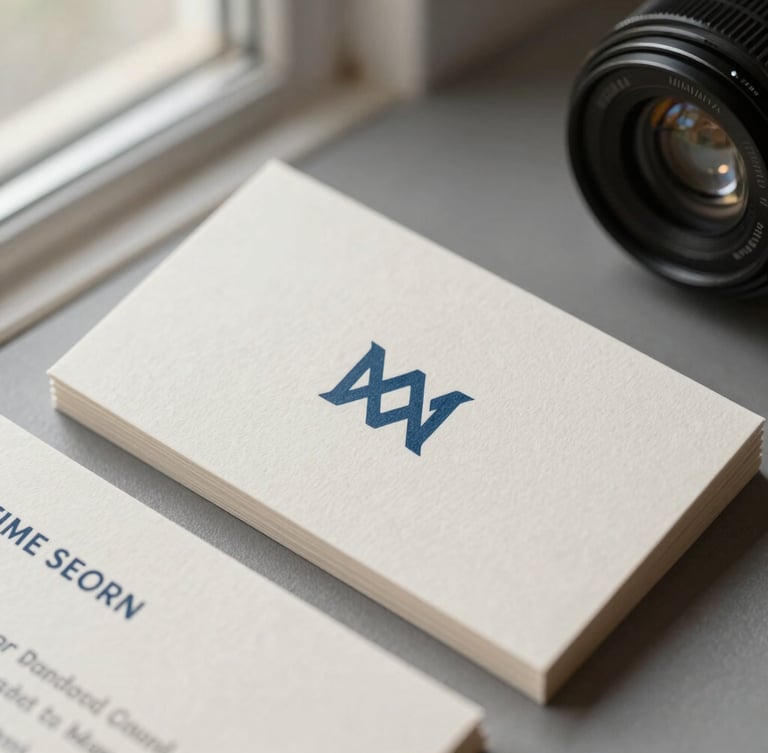 Close-up of high-end business card mockups on textured cream paper stock, soft directional window light, slate blue ink details, minimalist editorial photography, 35mm lens.
