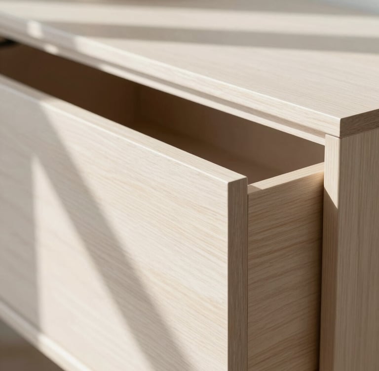 Close-up architectural shot of cabinet dovetail drawer joinery, solid wood grain detail, soft morning window light, high-contrast shadows