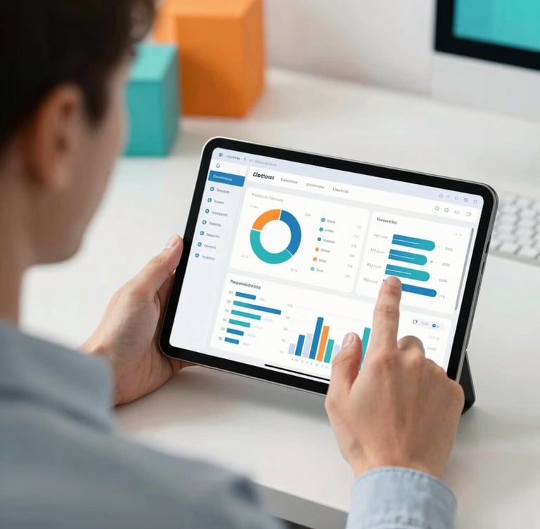 Dynamic over-the-shoulder shot of a professional analyzing clean analytics dashboards on a tablet, bright natural studio light with vibrant orange and teal accents, shallow depth of field.