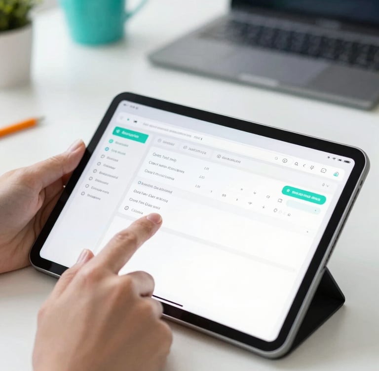Close-up of hands interacting with a clean software dashboard on a tablet in a bright collaborative workspace, natural light, teal accents