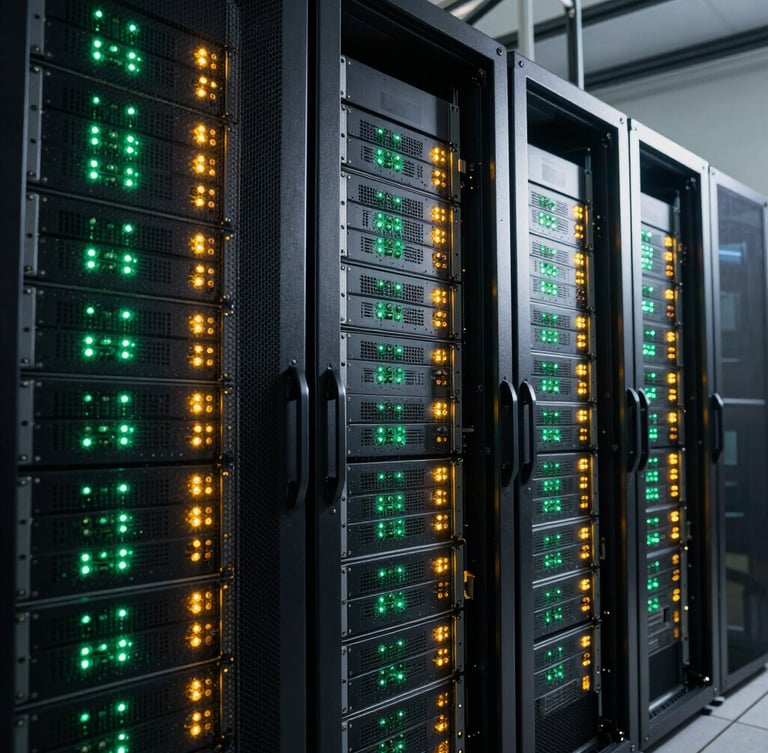 Wide-angle view of an industrial server rack with active green and amber indicator lights, cool-toned high-contrast directional lighting