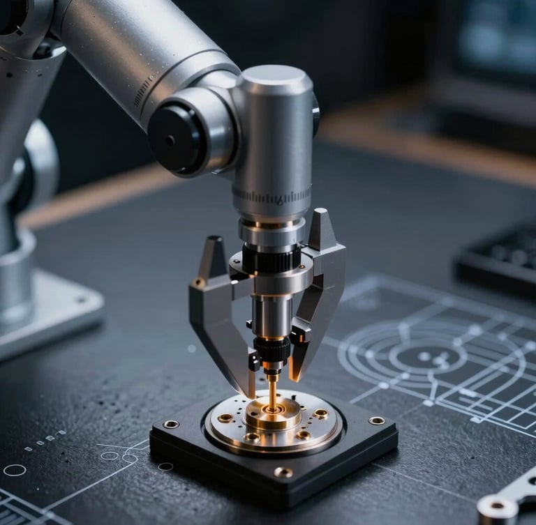Macro close-up of a high-precision robotic arm calibrating physical sensors, sharp cool-toned directional light, dark slate background, technical schematic feel.