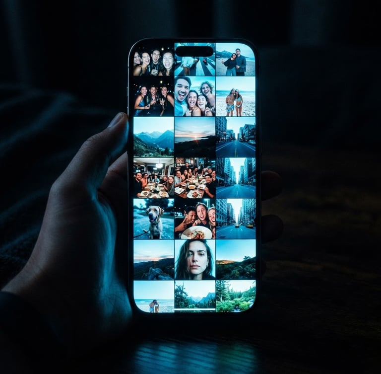 A sleek iPhone mockup displaying a vertical, continuous feed of personal photos. Glowing cyan screen light reflecting on dark, high-contrast background, 35mm photography.