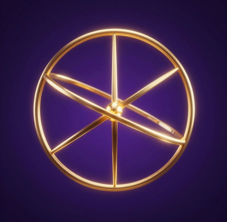 Mystical 3D render of glowing golden geometric lines forming a spherical astrolabe, deep indigo and royal purple background, dramatic chiaroscuro lighting, macro shot