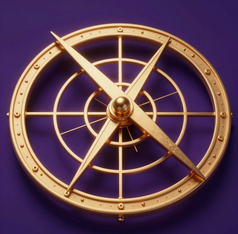 Macro 3D render of an intricate astronomical astrolabe, glowing gold geometric lines, deep purple shadows, high-contrast dramatic lighting, octane render.