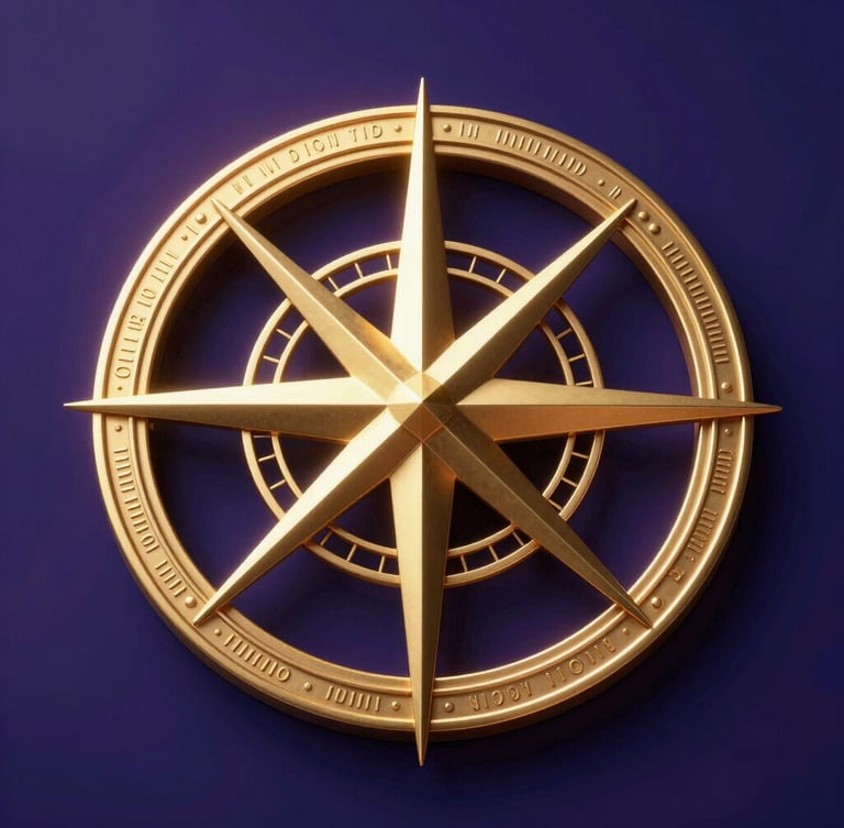 Symmetrical macro shot of a golden astrolabe on a deep indigo background, glowing gold geometric lines, high-contrast dramatic lighting, octane render