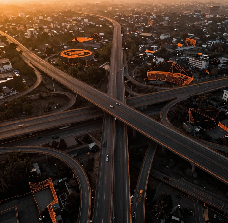 Aerial view of a complex highway interchange in India during golden hour, overlaid with a clean orange LiDAR point-cloud wireframe showing structural contours.