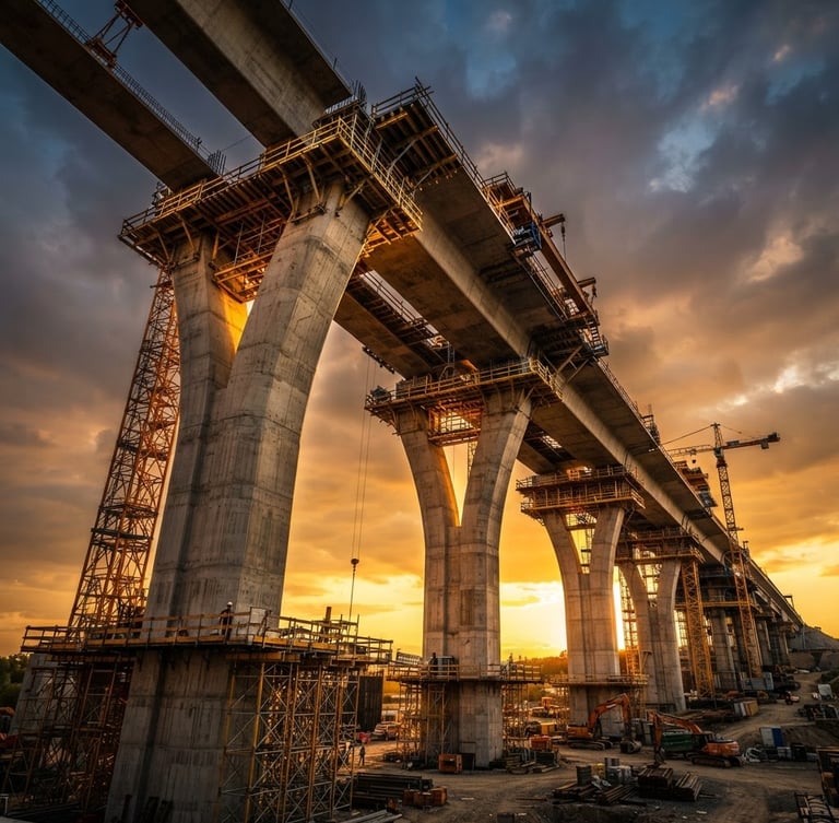 A dramatic low-angle shot of a massive concrete railway bridge under construction during golden hour, high-contrast architectural lighting casting deep saffron glows on structural columns, ultra-wide environmental perspective.