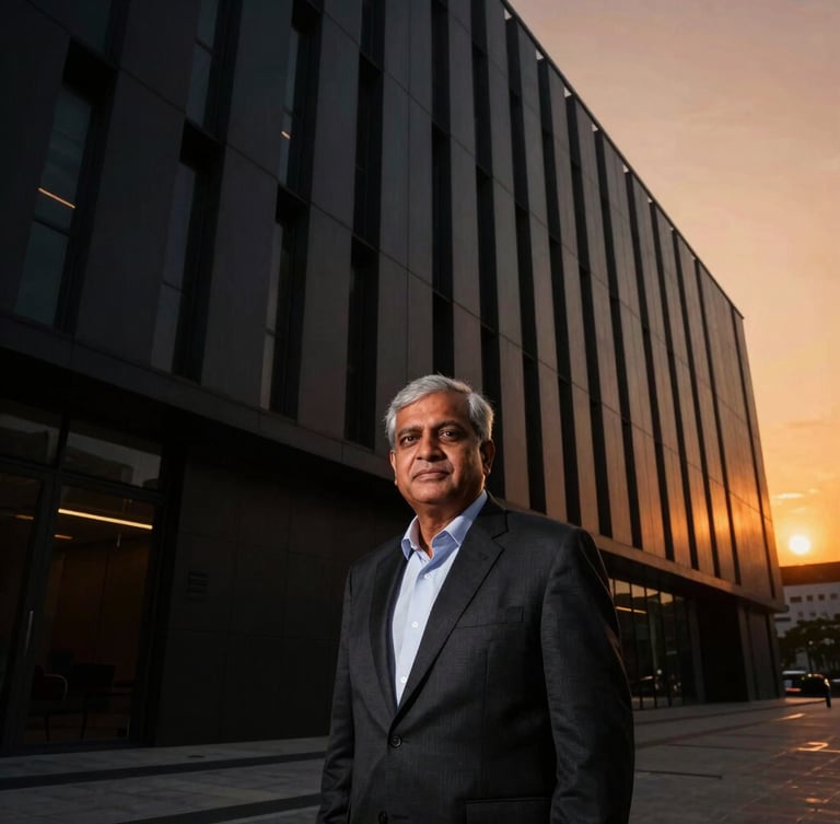 A professional portrait of a senior South Asian engineering executive in a modern architectural office, dramatic side-lighting, high-contrast black and saffron tones, sophisticated corporate atmosphere.