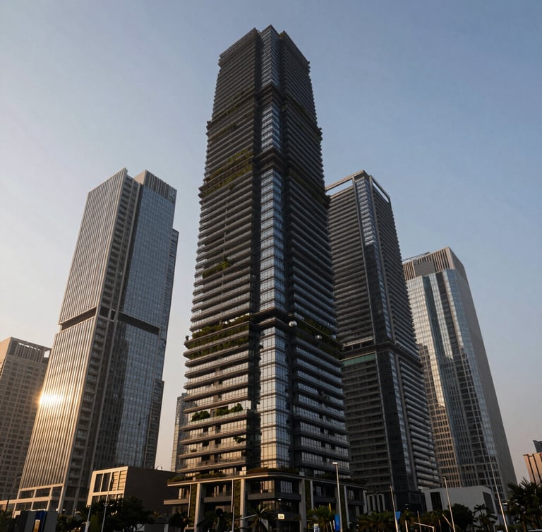 Low-angle architectural photograph of a futuristic smart city skyline in India, featuring modern glass structures integrated with green spaces, shot during the crisp morning daylight.