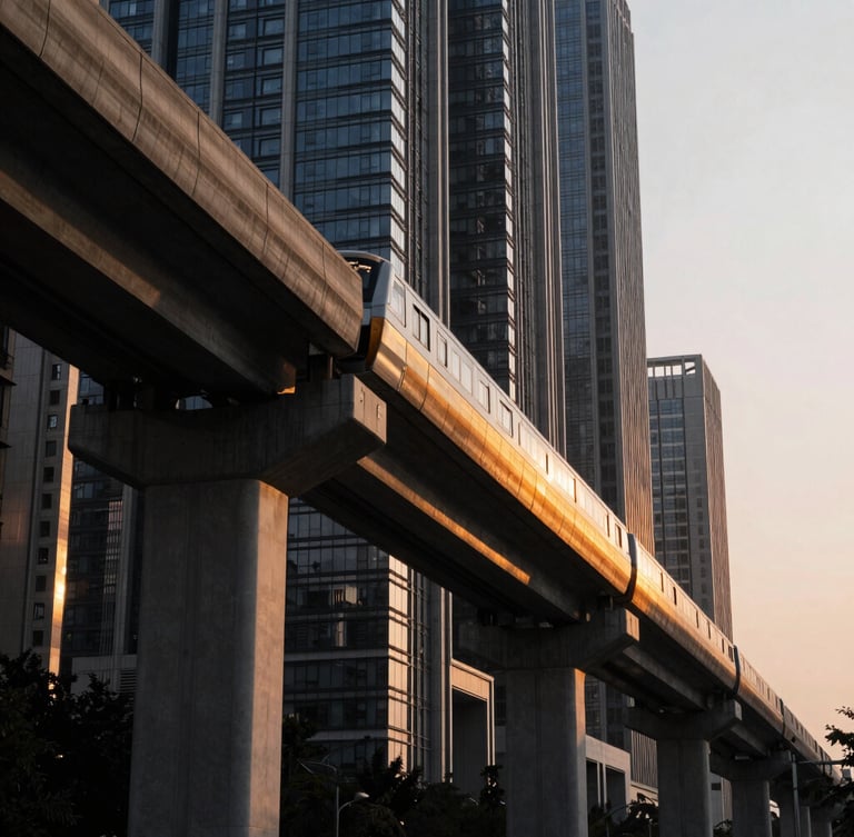 Dramatic low-angle architectural photograph of a high-speed metro rail viaduct slicing through a modern smart city skyline, golden hour lighting reflecting off concrete and steel, high-contrast matte black shadows.