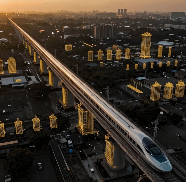 Aerial view of a modern high-speed rail bridge in India under construction, overlaid with golden wireframe point-cloud telemetry data, dramatic golden hour lighting, cinematic scale