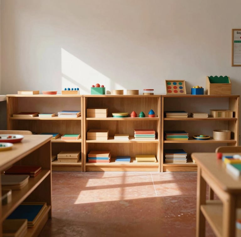 A sunlit, minimalist Montessori classroom in India with low wooden shelves, orderly developmental materials, and soft indirect daylight casting gentle shadows on the terracotta floor.