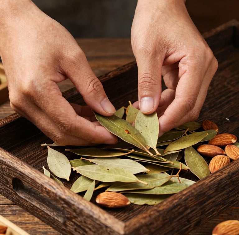 Close-up of hands gently sorting dried neem leaves and almonds on a rustic wooden tray, warm natural lighting, earthy textures.
