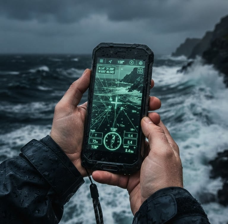 Macro studio shot of a rugged Android phone displaying a high-contrast marine telemetry interface with seafoam green coordinates, positioned against a dark, stormy ocean background with crashing waves.