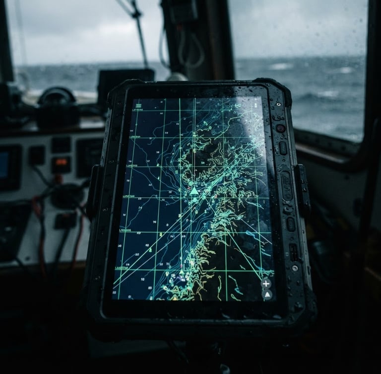 Macro shot of a rugged Android tablet screen displaying a high-contrast marine navigation map with seafoam green coordinate lines, glowing in a dark, overcast coastal environment, 35mm.
