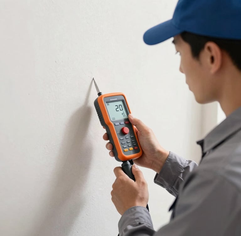 A certified technician in a clean uniform using a professional moisture meter against a drywall surface, bright work light, sharp focus.