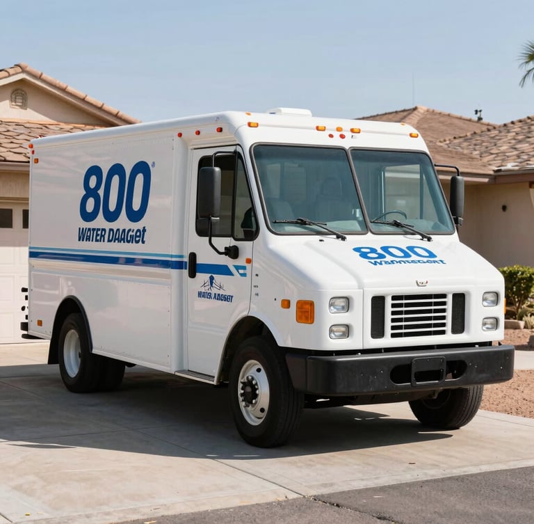 A clean, professional 1-800 Water Damage service truck parked in a bright Phoenix residential driveway, crisp daylight, sharp focus.