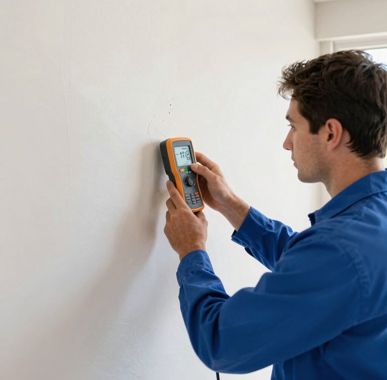 A professional water damage technician in a clean uniform using an advanced moisture meter on a drywall inside a Phoenix home, bright natural daylight, sharp focus, 35mm lens