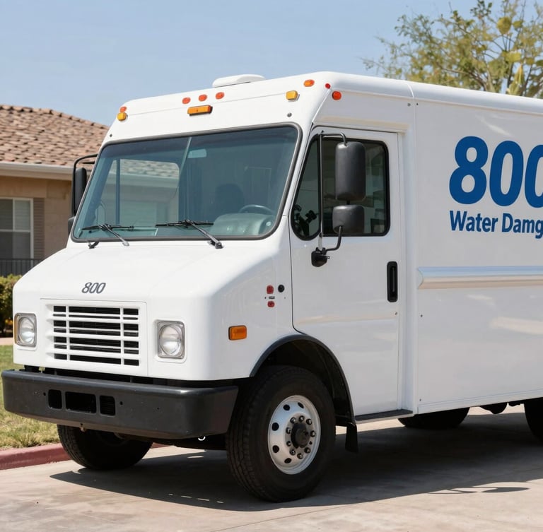A clean, white 1-800 Water Damage service truck parked in a sunny Phoenix residential driveway, crisp daylight, sharp focus, 35mm lens.