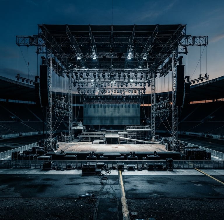 Wide-angle shot of a massive, empty concert stage at twilight, intricate lighting rigs visible, focused on the main stage structure with a cool, high-contrast architectural documentary photography style.