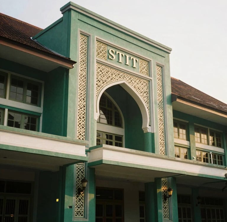 Portrait orientation of the historic main building of STIT Bandung, featuring traditional Islamic geometric details in soft morning light, deep emerald and gold tones, shallow depth of field, 35mm.