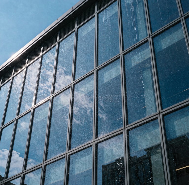 Architectural angle of a modern glass facade with sharp reflections of a clear blue sky, water sheeting cleanly off the pristine glazing surface during a low-impact wash.