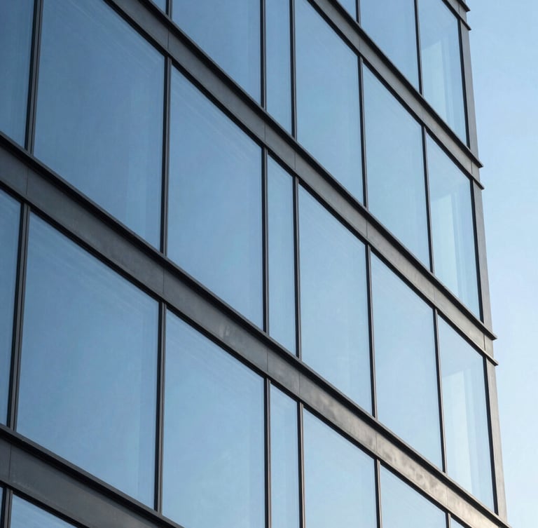 Extreme close-up architectural angle of pristine structural glass facade reflecting a bright, clear blue sky with zero residue, highlighting sharp geometric lines and absolute optical clarity.