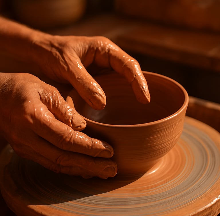 Close-up of hands on a potter's wheel, shaping wet clay into a bowl, warm direct morning sunlight, tactile texture, portrait aspect