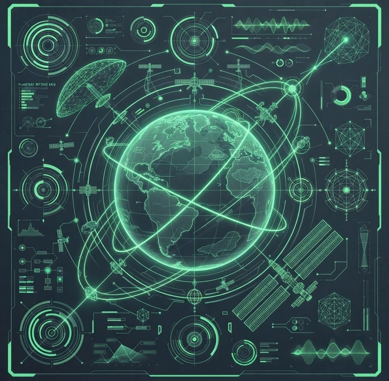Stark vector illustration of a planetary-scale system blueprint, monochromatic slate and neon green, high-contrast terminal glow, orbital perspective, complex data models, dark background.