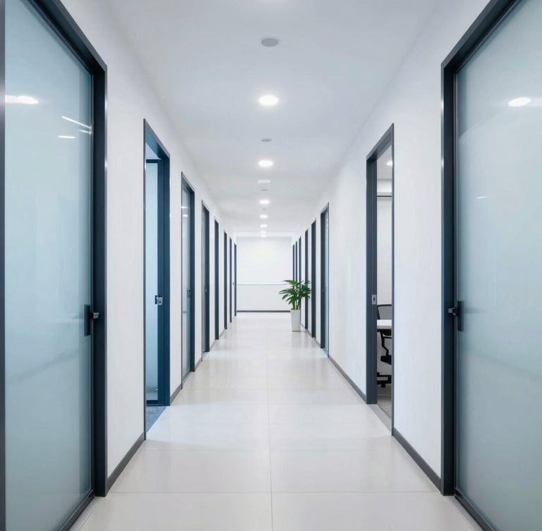 Bright commercial office corridor with clean lines and high-key lighting, sharp focus, professional interior.