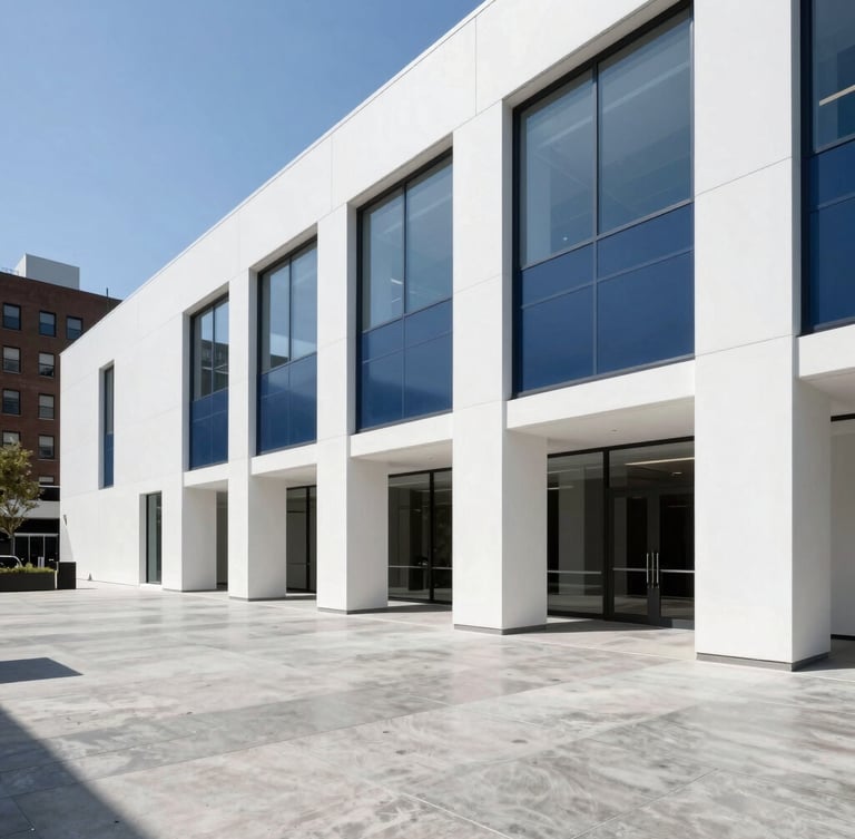 Bright daylight architectural photograph of a finished high-end Manhattan office lobby, polished concrete floors, clean white walls, navy blue accent panels, sharp focus.
