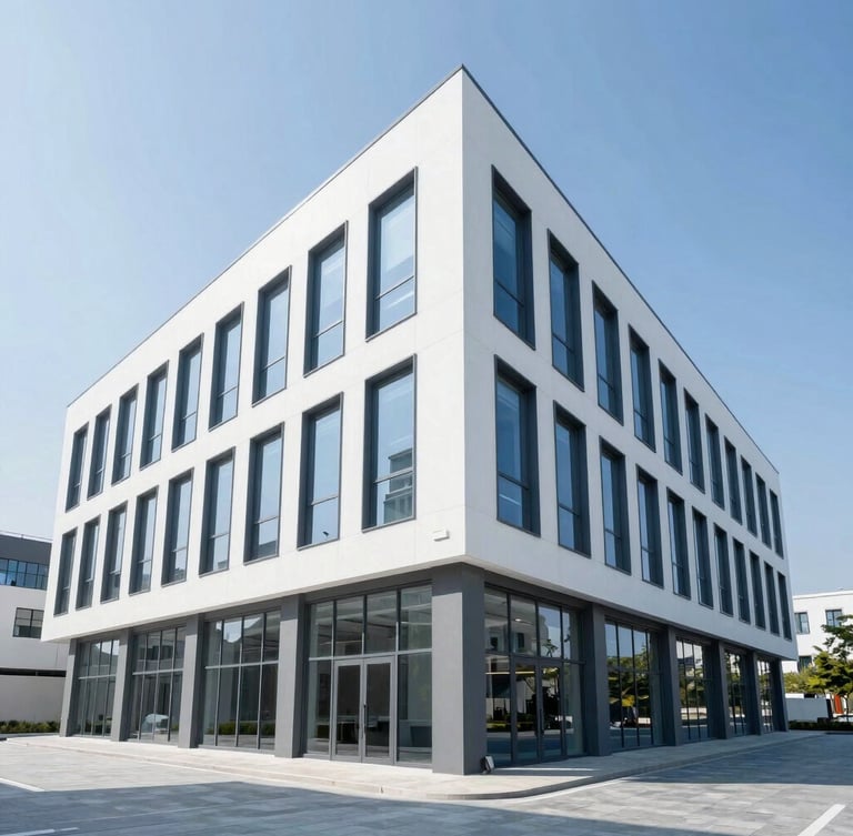 Crisp architectural photography of a modern commercial office build-out, clean blue and white tones, sharp focus, wide-angle lens