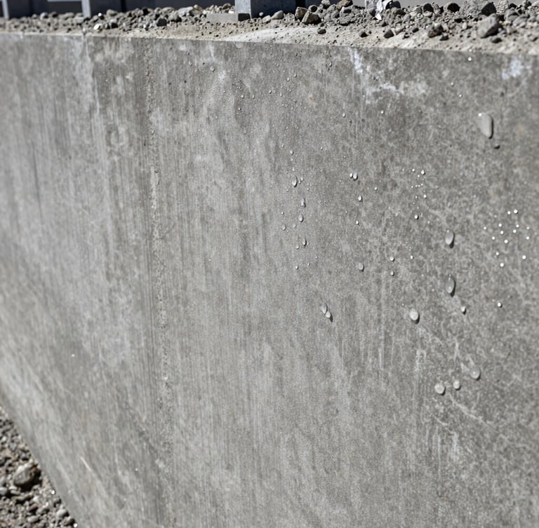 Extreme close-up of water-beading on a freshly sealed concrete foundation wall under high-contrast midday sun