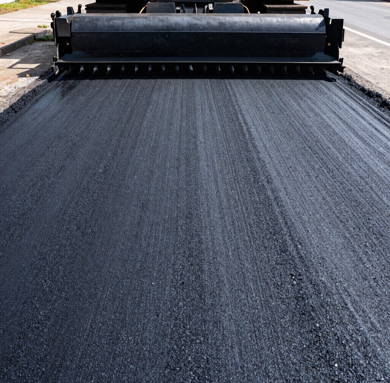 Low-angle wide shot of a heavy-duty asphalt paving machine on a fresh black surface under bright midday sun, deep shadows, gritty industrial texture.