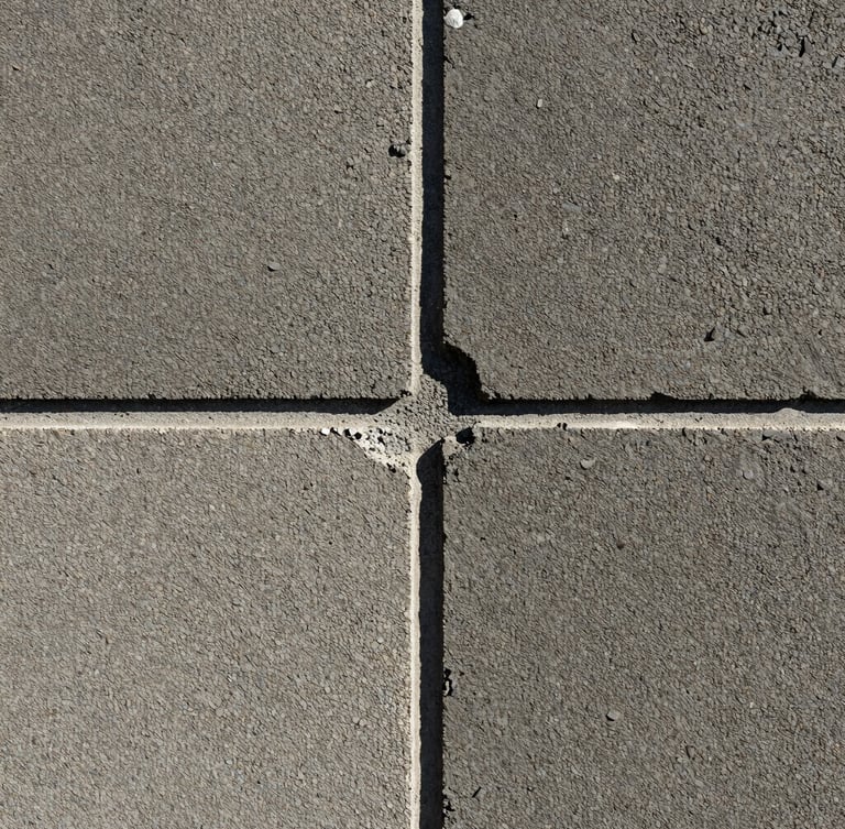 Close-up shot of troweled masonry joints under hard morning light, highlighting the gritty texture of concrete and stone