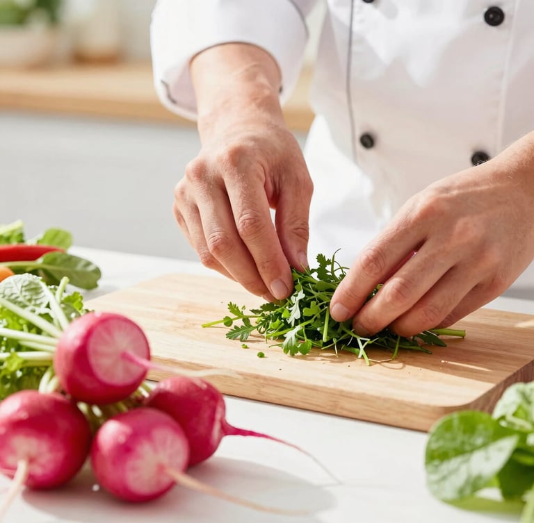 Vibrant close-up of a chef prepping fresh green herbs and crisp radishes in a bright, sunlit kitchen, high-key lighting, shallow depth of field.
