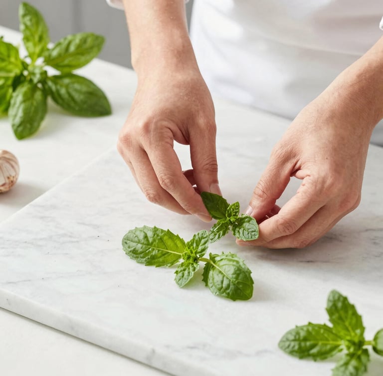 High-key editorial food photography, overhead view of a chef prepping fresh herbs on a clean marble countertop, bright natural daylight, vibrant green colors.
