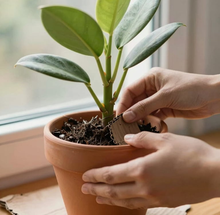 Close-up of hands carefully wrapping a terracotta potted plant in protective corrugated cardboard, soft natural window light, warm editorial photography, 35mm