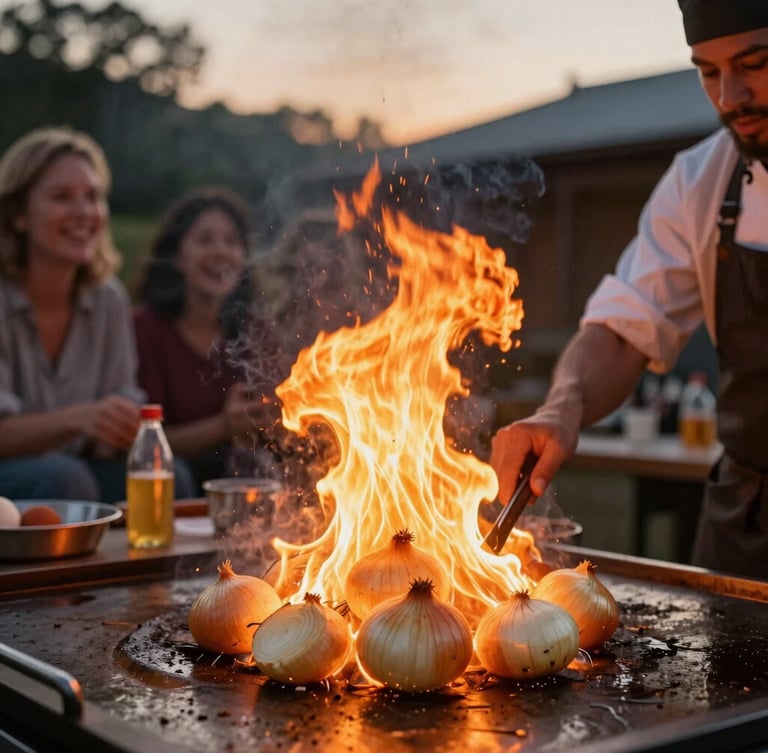 Dynamic close-up of a chef lighting a towering onion volcano on a backyard flat-top grill, bright orange flames illuminating laughing guests in the background, warm dusk light.