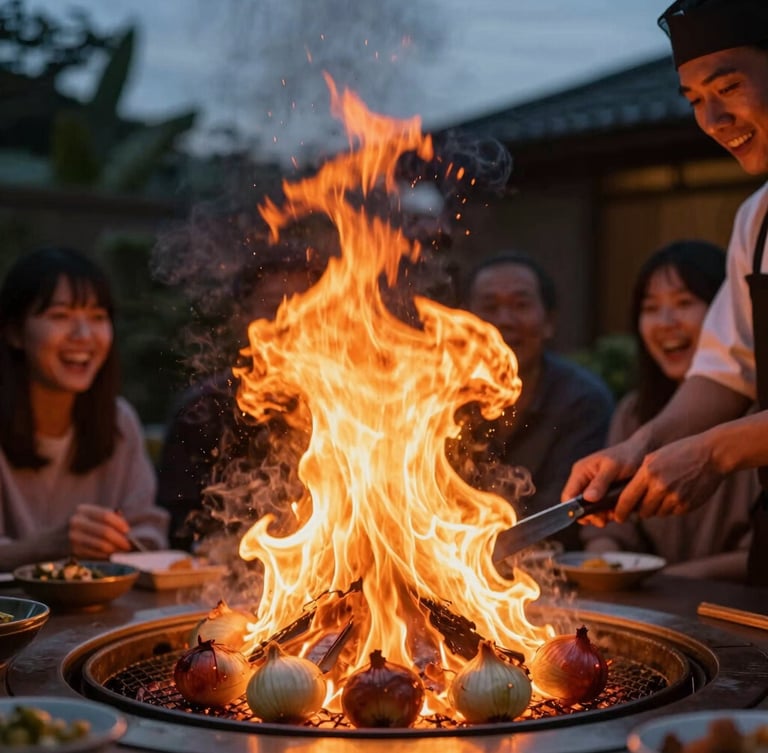 Dynamic close-up of a backyard hibachi chef tossing a flaming onion volcano at dusk, warm orange light illuminating laughing guests in the background.