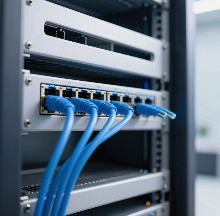 A close-up of high-end networking hardware with glowing blue fiber optic cables in a modern server rack, shallow depth of field, 35mm