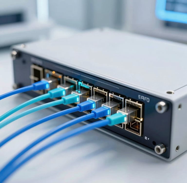 Close-up of high-end optical fiber networking hardware with glowing blue and cyan data transmission lines, clean-room tech aesthetic, 35mm photography