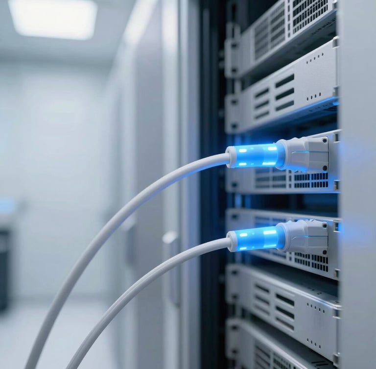 Close-up of modern fiber optic cables glowing with soft blue light inside a clean server room, architectural framing, shallow depth of field