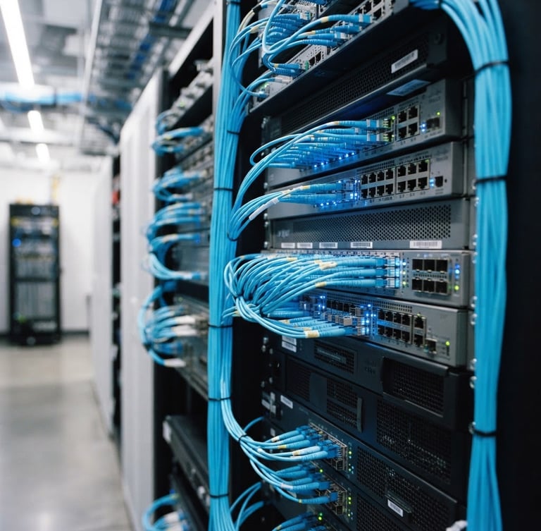 Sharp close-up of high-end enterprise rack-mounted networking hardware with glowing blue fiber optic patch cables, clean server room environment, shallow depth of field