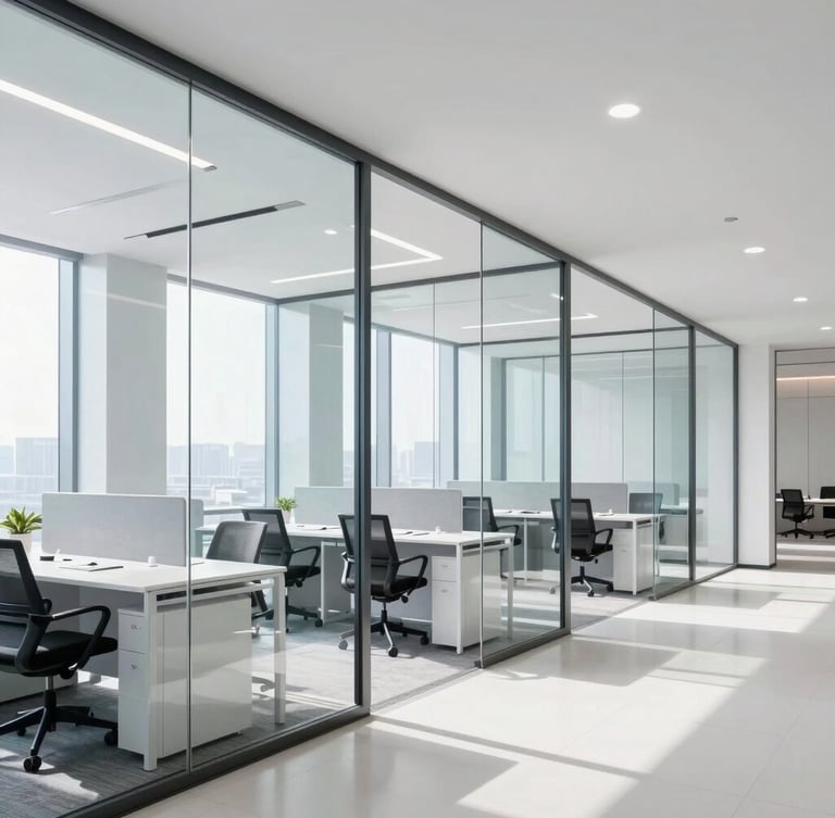 Bright modern minimalist corporate office interior, natural daylight pouring in, elegant glass partitions, professional workspace, 35mm photography