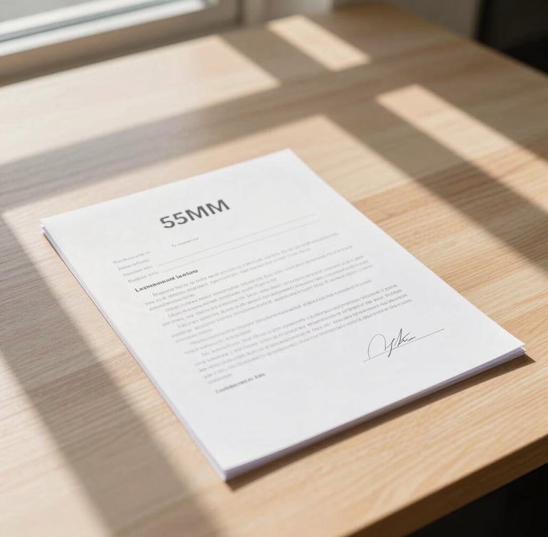 Close-up of a signed lease agreement on a clean wooden desk, sharp architectural shadows from a window, warm neutral tones, 35mm