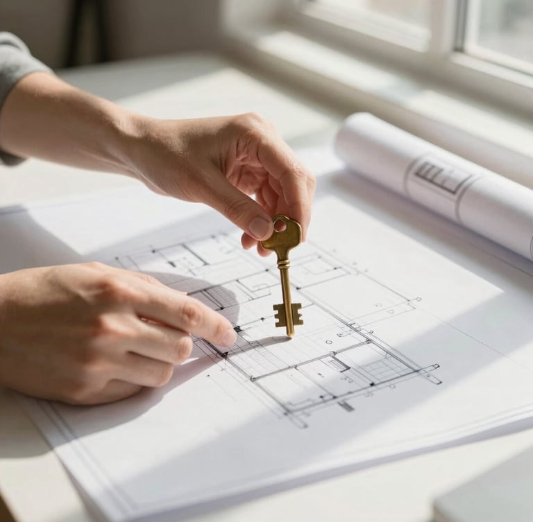 Close-up of hands holding a brass key over a crisp architectural blueprint, bright natural window light, sharp shadows, editorial crop