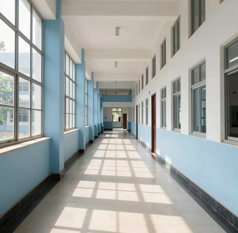 A clean, modern Indian university campus hallway with bright natural daylight streaming through large windows, optimistic academic atmosphere, 35mm lens.
