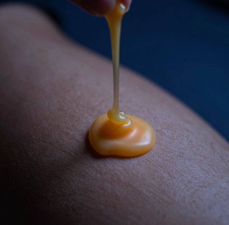 A slow, heavy pour of warm golden candle wax landing softly on bare skin, macro shot with shallow depth of field, low-key candlelight, deep cobalt blue shadows.